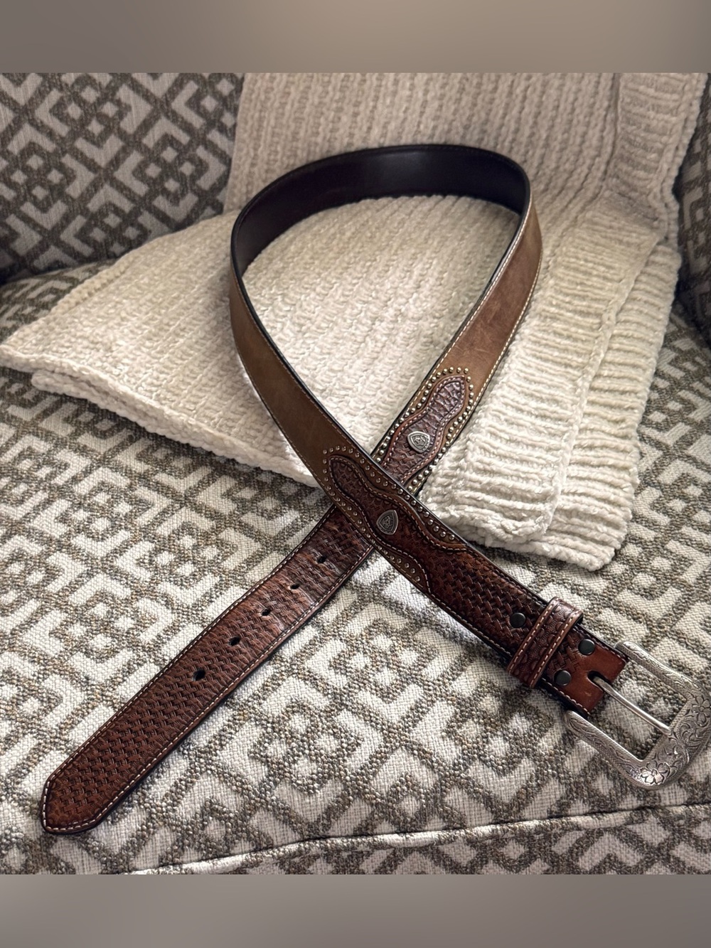 Ariat Basket Weave Suede Inlay Tooled Leather Studded Western Belt Brown 44